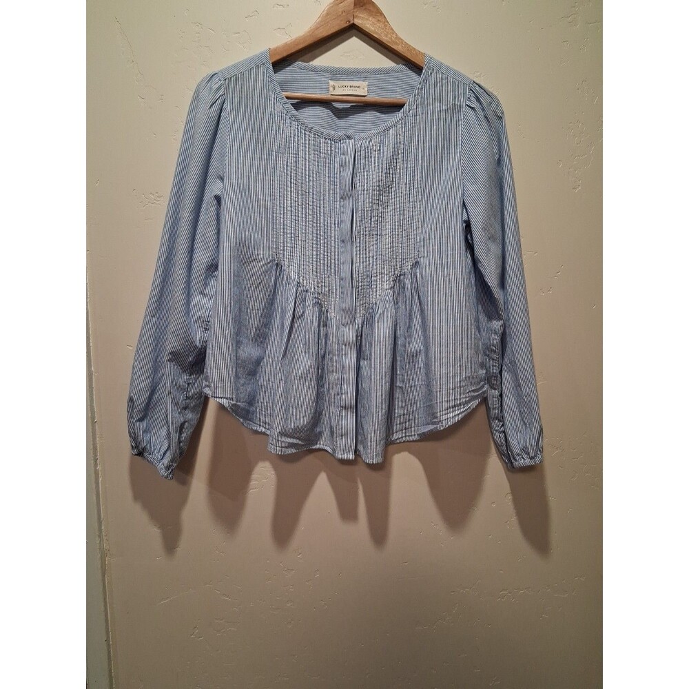 Lucky Brand Women XS Blue White Pinstripe Pintuck Button Front Blouse Boho Coas